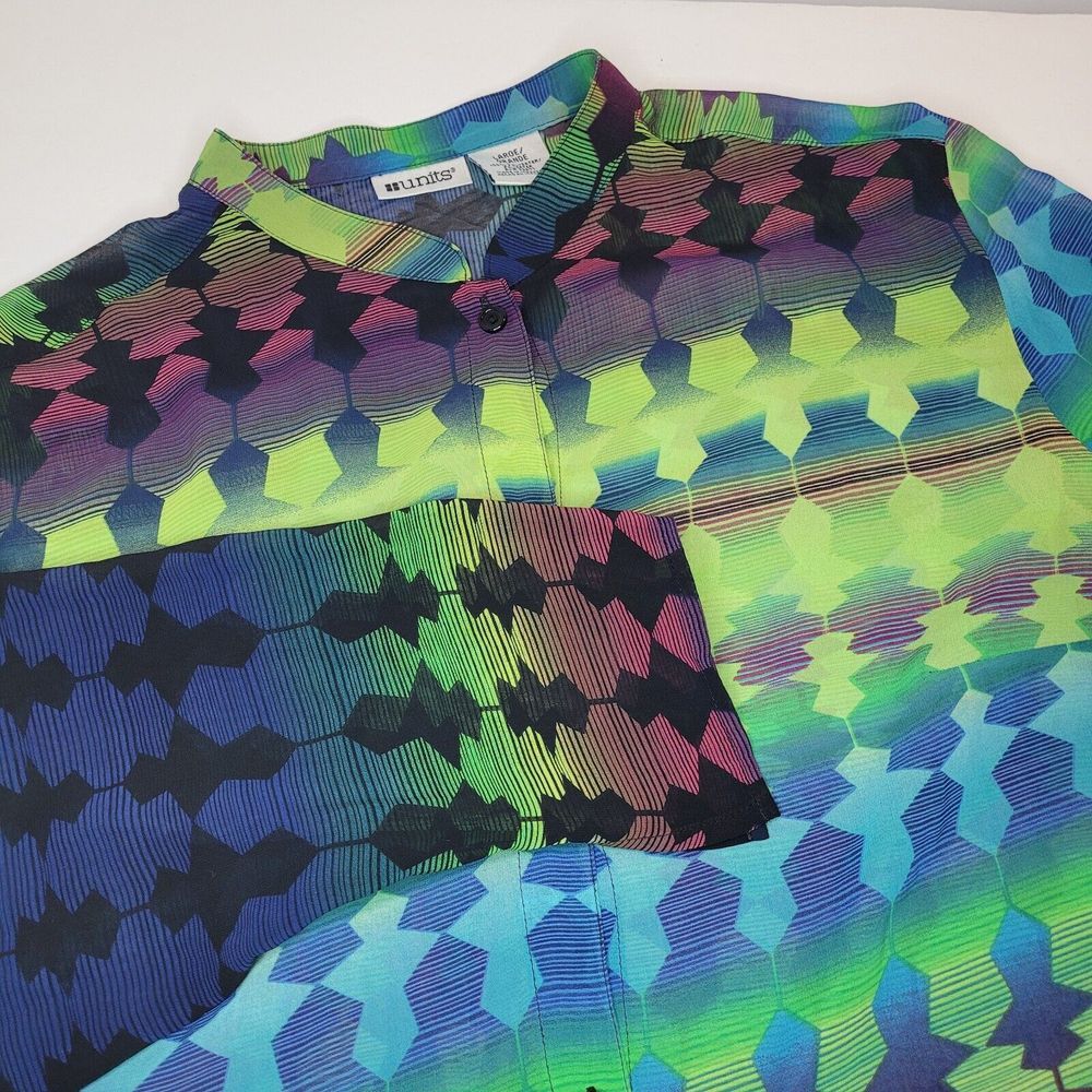 Units Geometric Print Tunic Women Large Multi Color Excellent Sheer Button Down